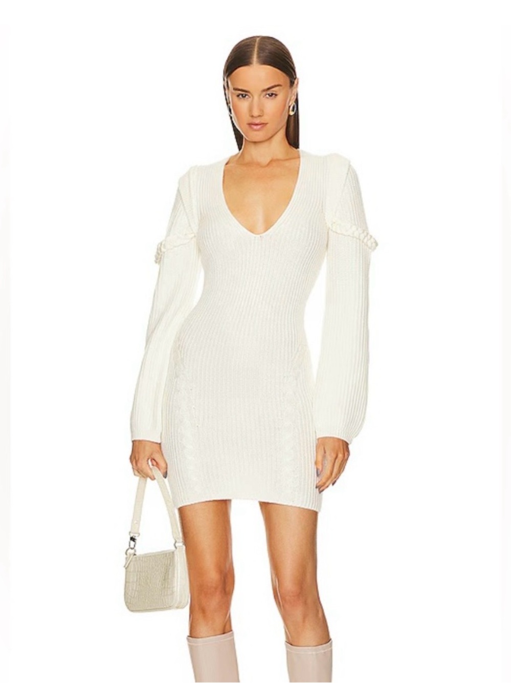 Michael Costello X Evolve Cream V-Neck Ribbed Cable Knit Mini Dress Extra Small